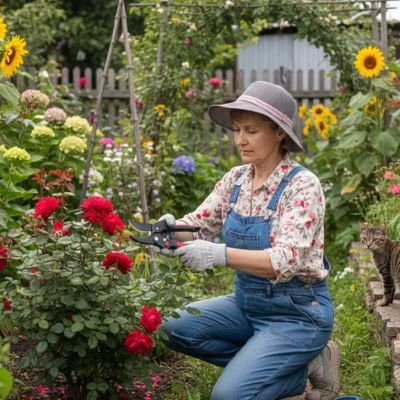 femme accroupie utilise Secateur