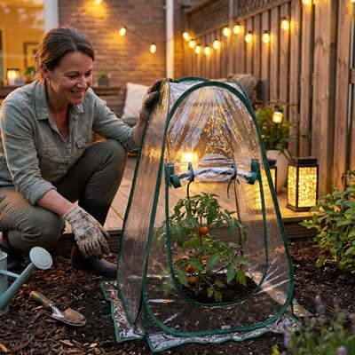 femme qui regarde plante dans la Mini serre de jardin