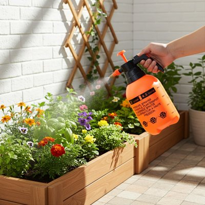 main tenant pulverisateur orange et noir arrosant fleur plate bande