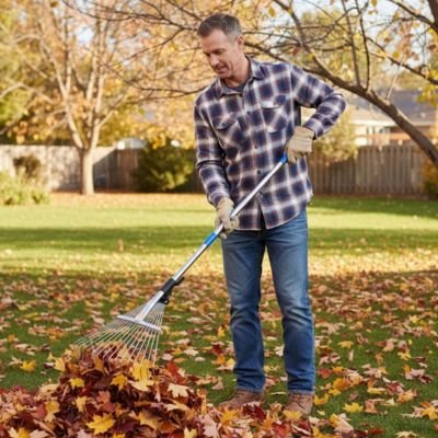 rateau a feuilles utiliser par homme arriĂšre cour clĂŽturer