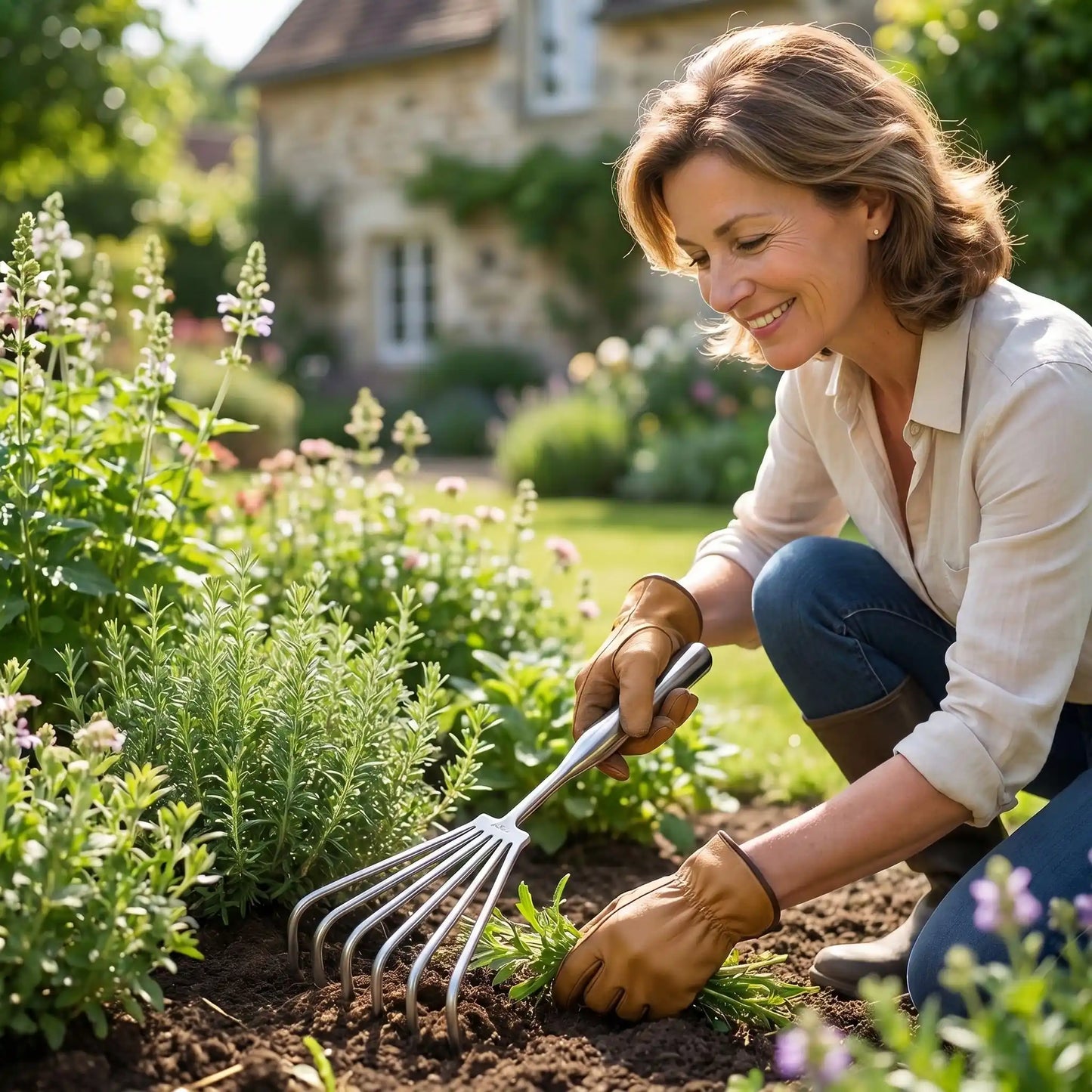 râteau désherbant femme dans jardin fines herbe