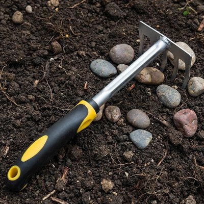 Rateau jardin Ă main sur sol avec petit caillou