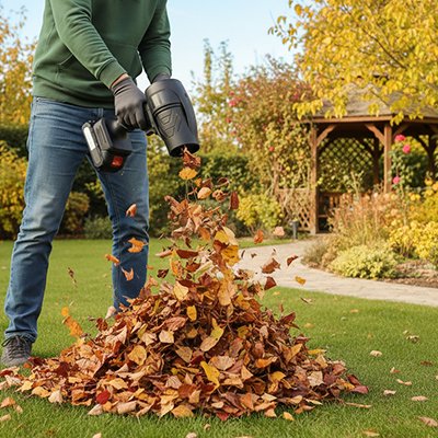 souffleur de feuilles sur batterie homme debout rassemblant feuilles d'autonme devant pergola