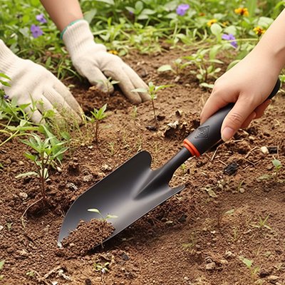 2 personnes jardine utilise pelle jardinage planté  dans terre près jeunes plantes