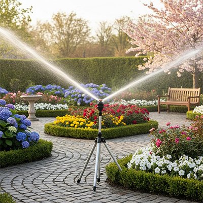 Arroseur oscillant avec fort jet arrosant jardin fleuri
