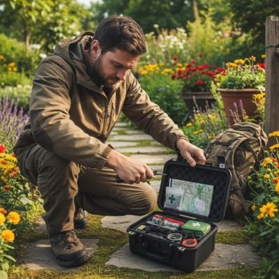 Boite a outils ouverte avec jardinier accroupi devant dans jardin