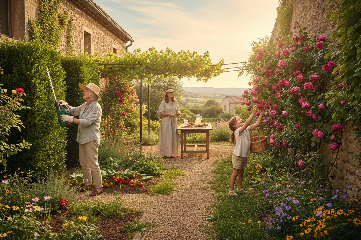 Famille qui jardine en jouant