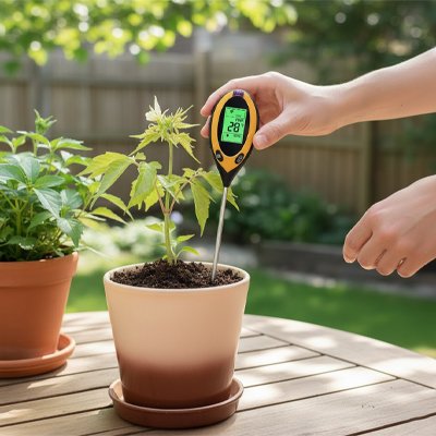 Humidimètre ​électronique avec écran vert lumineux planté dans terre