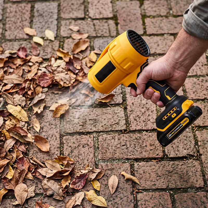 Souffleur de feuilles sur batterie vue de proche soufflant feuilles sur pavé-uni