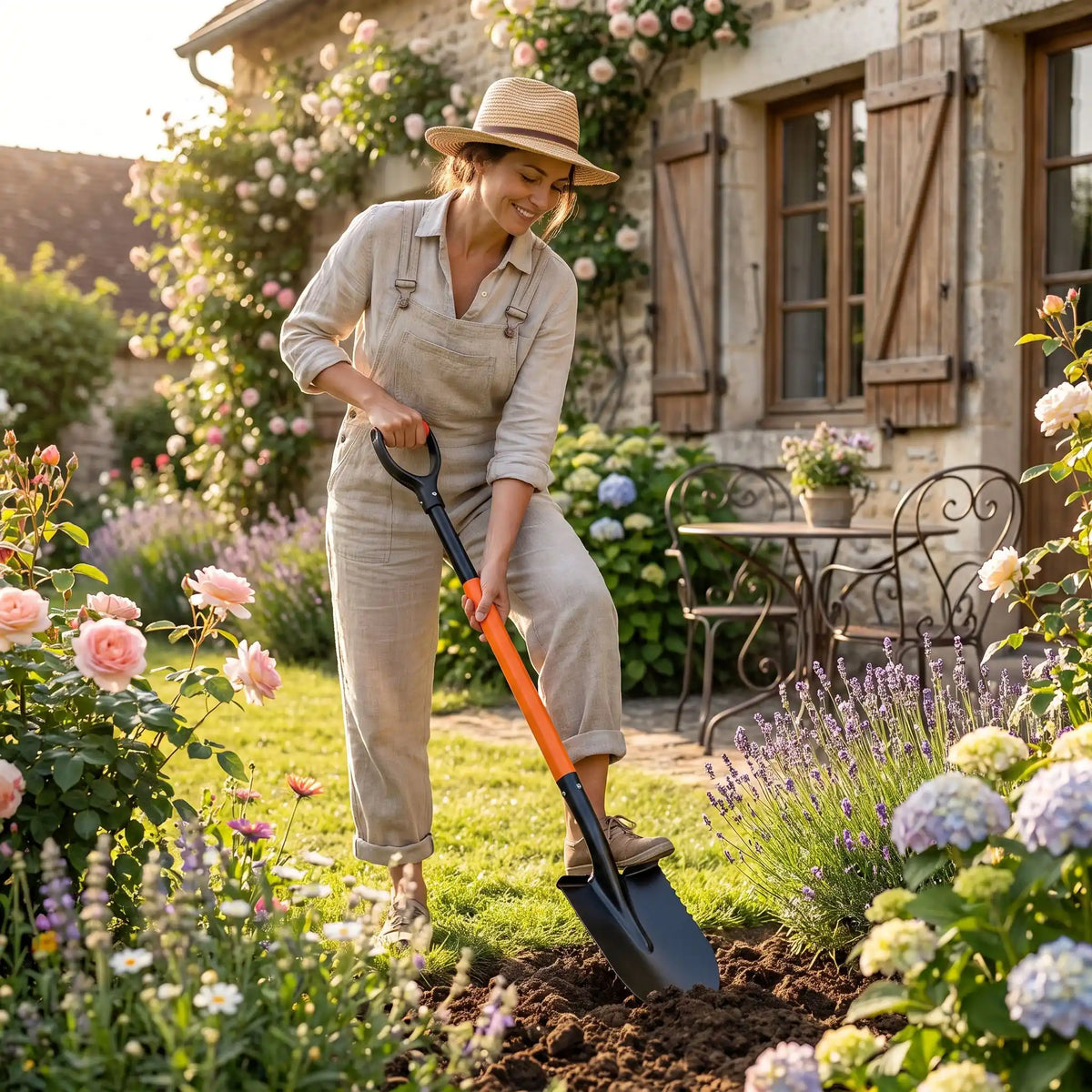 beche de jardin utilisé par femme dans sa plate bande de fleur