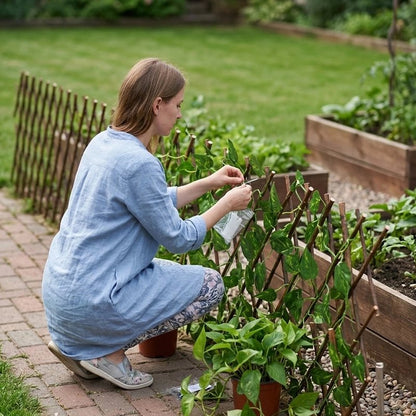 femme accroupie qui aide la plante sur son Treillis plante grimpantes