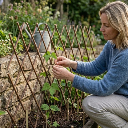femme accroupie qui guide la plante sur son Treillis plante grimpantes