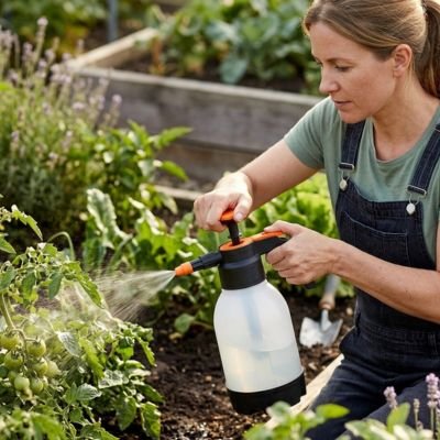 femme accroupie qui utilise son pulvérisateur pour jardin