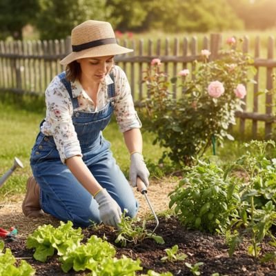 femme agenouillé qui jardine avec outil de désherbage
