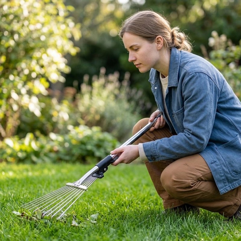 femme agenouillé qui utilise son rateau feuilles