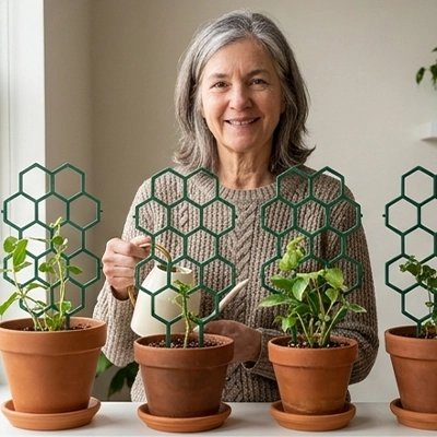 femme arrosant les plantes en pot qui montent sur Treillis pour plante grimpante
