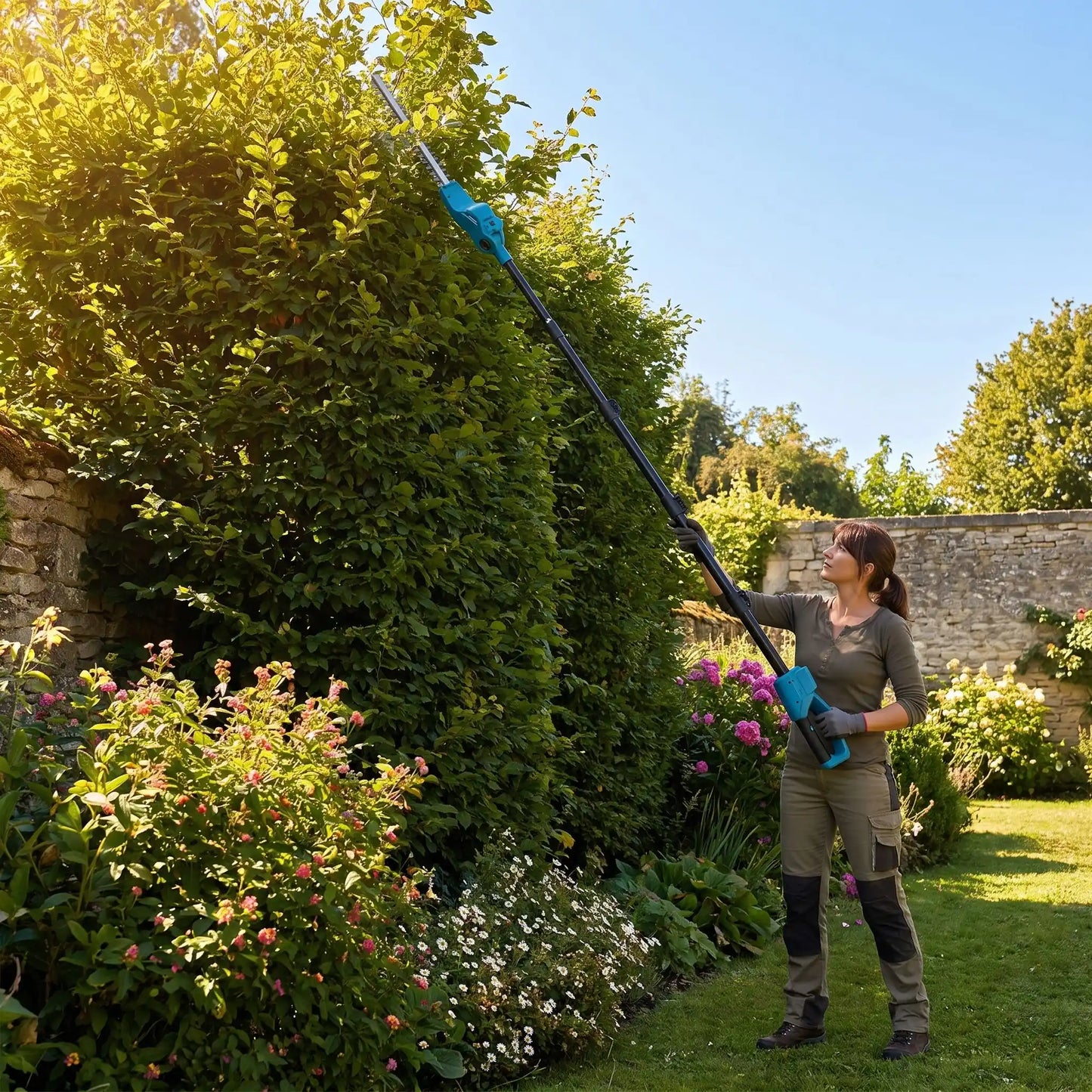 femme dans son jardin utilise son taille haie telescopique