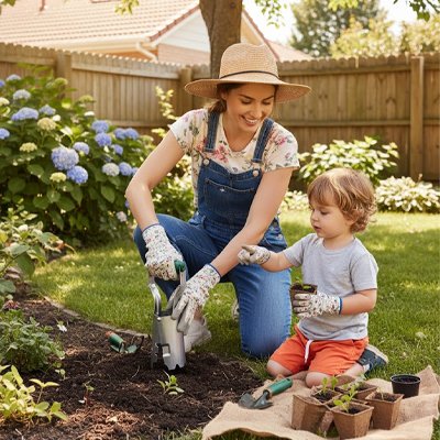 femme et son enfant utilisant son semoir au jardin