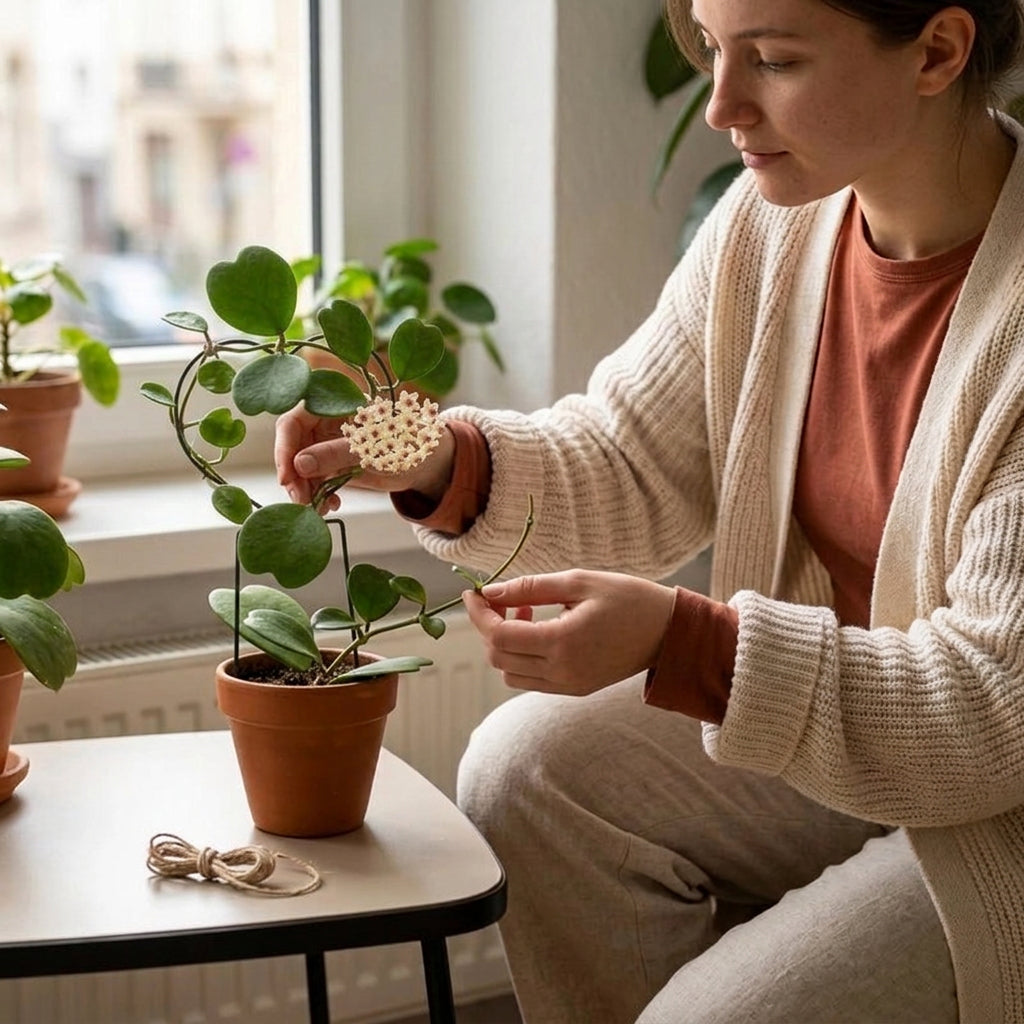 femme qui aide plante sur treillis fleur grimpante
