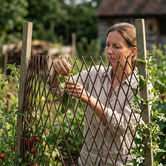 femme qui ajuste plante sur Treillis plante grimpantes