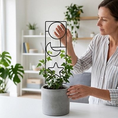 femme qui ajuste plantes sur Treillis plantes grimpantes