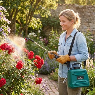 femme qui arrose rosier avec Pulverisateur jardin