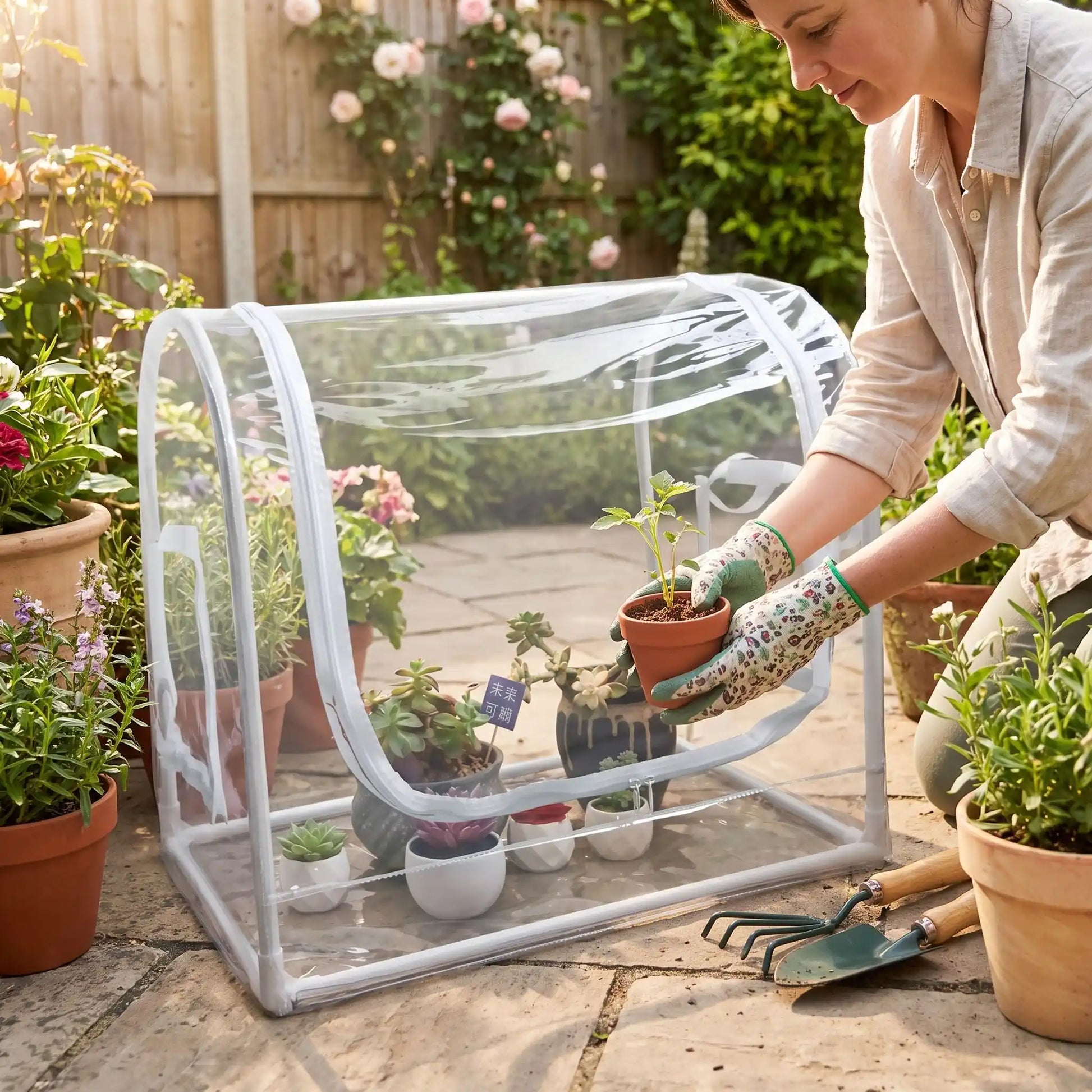 femme qui depose dans mini serre de jardin jeune plant