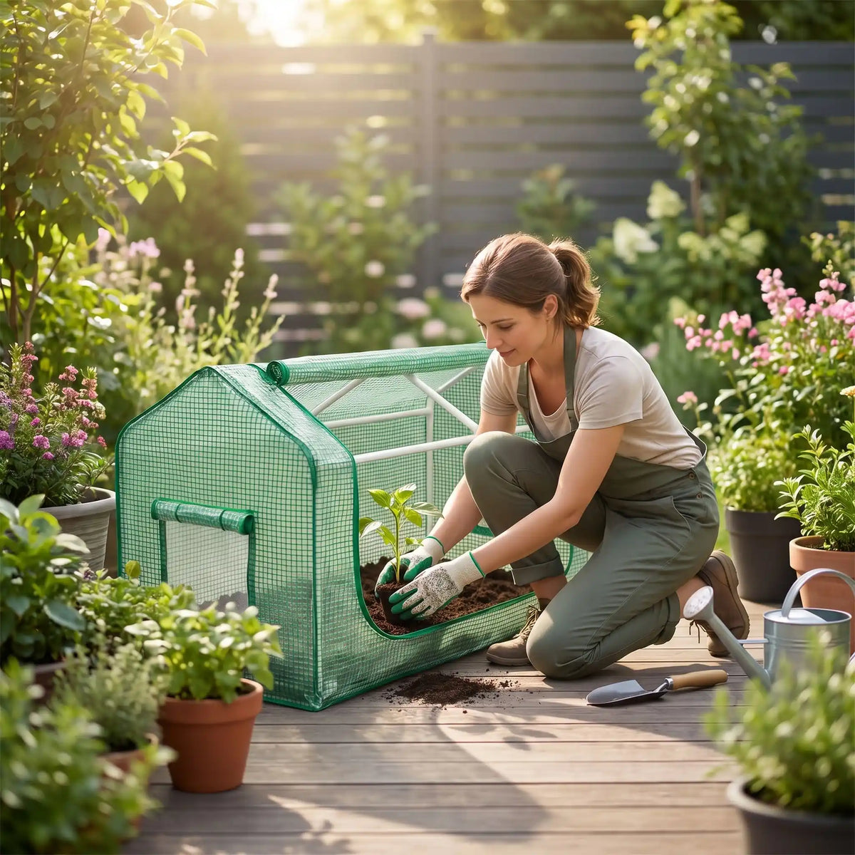 femme qui dépose jeune plant dans petite serre de  jardin green house