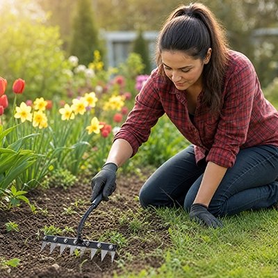 femme qui enlève des mauvaise herbes avec sin Rateau desherbage