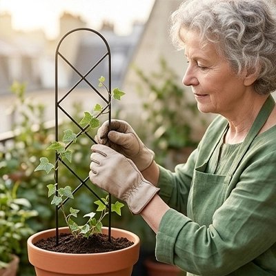 femme qui guide sa plante lierre au Treillis plante grimpante