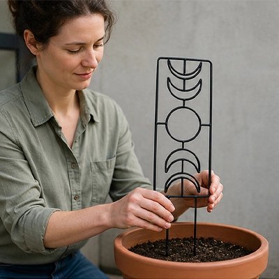 Femme qui installe sonTreillis plantes grimpantes dans un pot avec des formes lunaires