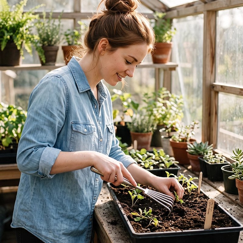  femme qui jardine avec son Rateau de desherbage dans sa serre
