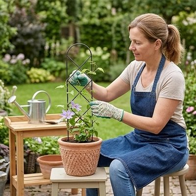 femme qui jardine dehors et accroche sa plante au Treillis plante grimpante