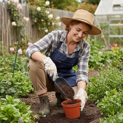 femme qui jardine en joie avec sa Pelle pour déposé de la terre dans son pot