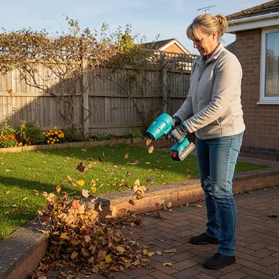 femme qui jardine et utilise souffleur feuille dans arrière cour