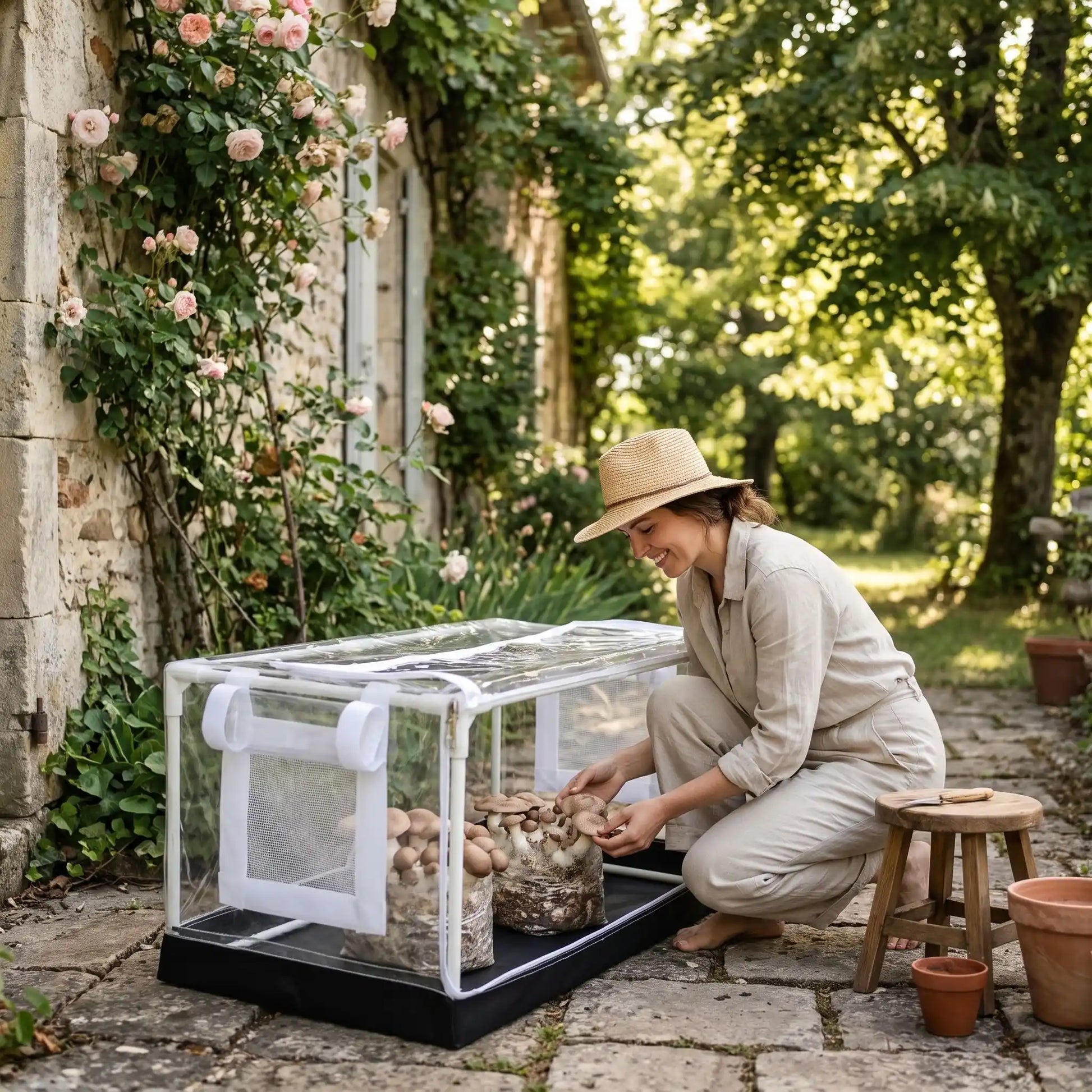femme qui jardine ses champignons dans petite serre de jardin