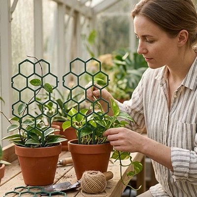 femme qui prends soin de plantes qui montent sur Treillis pour plante grimpante