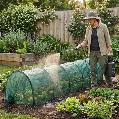 femme qui pulvérise de l'eau sur la Serre de jardin tunnel