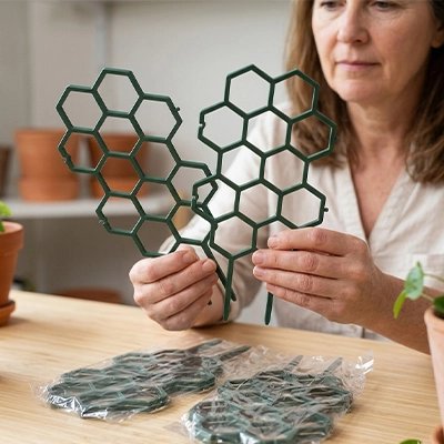 femme qui teint le Treillis pour plante grimpante dans ses mains