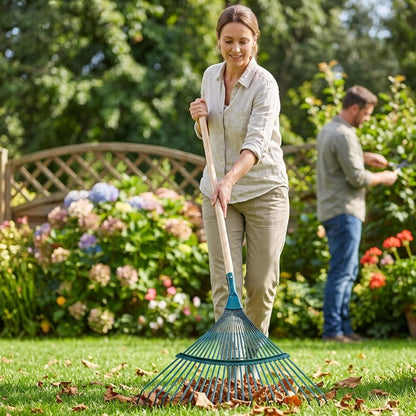 femme qui tient son Balai gazon