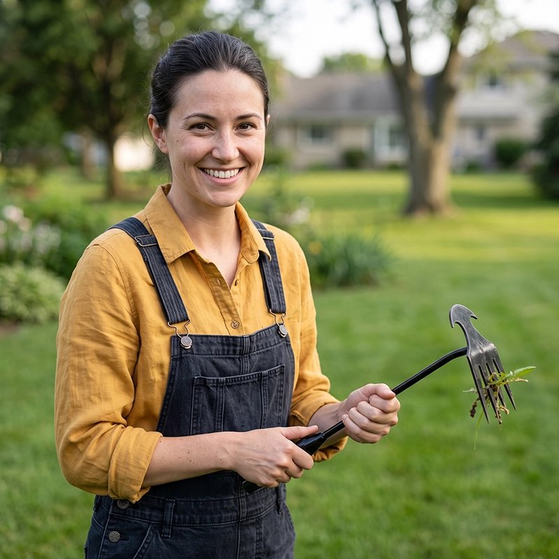 femme qui tient son rateau pour desherber