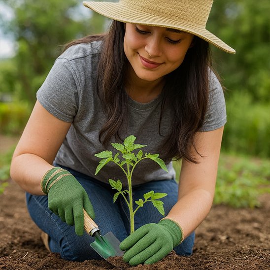 femme qui transplante avec Gants jardinage