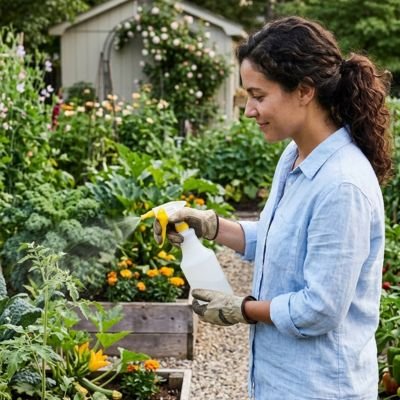 femme qui utilise Pulvérisateur à main pour arroser ses fleurs