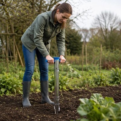 femme qui utilise son Plantoir a bulbe au jardin