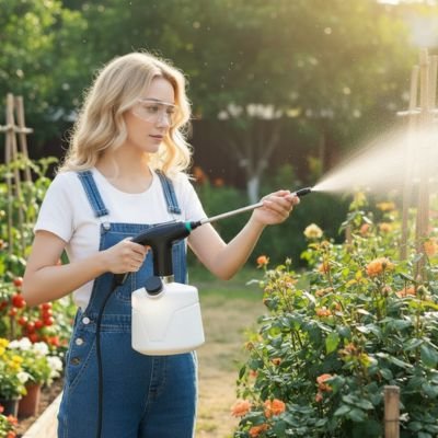 femme qui utilise son Pulverisateur electrique pour arroser ses fleurs