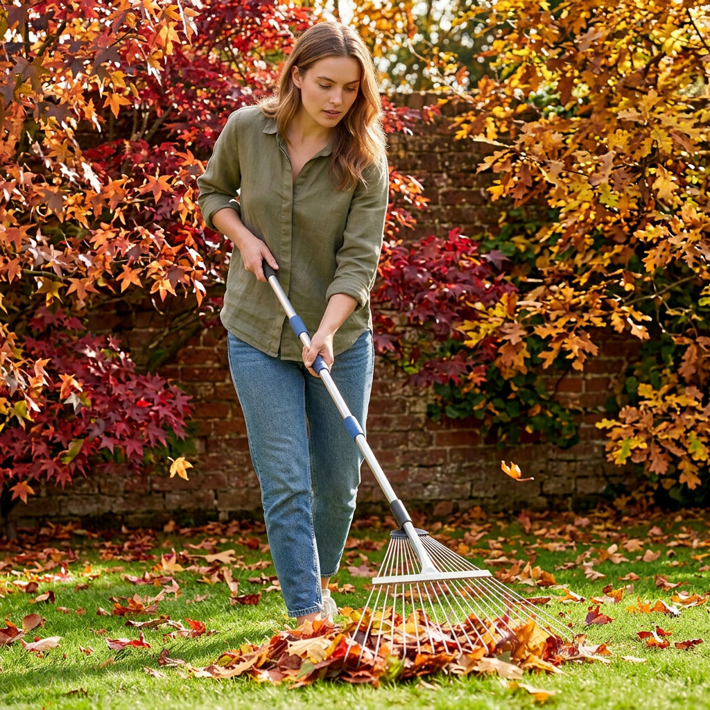 femme qui utilise son rateau feuille sur son parterre
