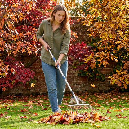 femme qui utilise son rateau feuille sur son parterre