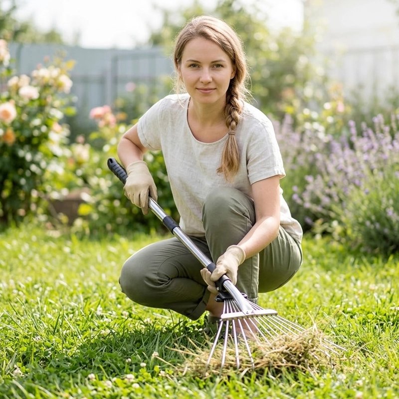 femme qui utilise son rateau feuilles