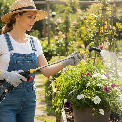 femme qui utilise un pulverisateur telescopique pour ses plantes