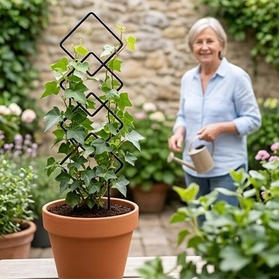 femme souriant près de son Treillis plante grimpante